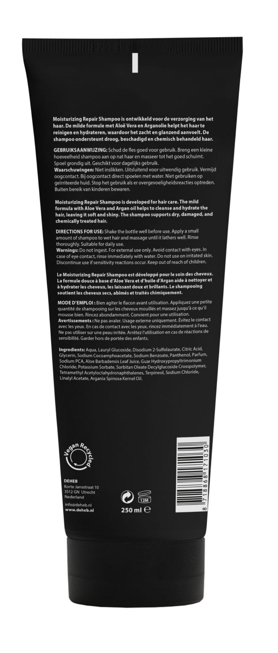 DEHEB Moisturizing Repair Shampoo in duurzame suikerriet tube – hydraterende CG-approved shampoo voor droog beschadigd breekbaar en krullend haar