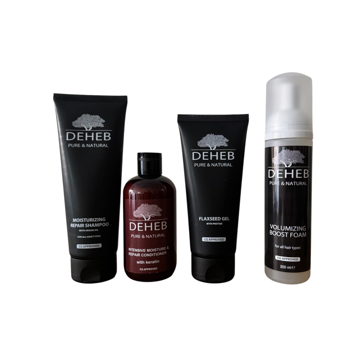 DEHEB haarverzorgingsset voor droog, pluizig en krullend haar met shampoo, conditioner, leave-in en flaxseed gel